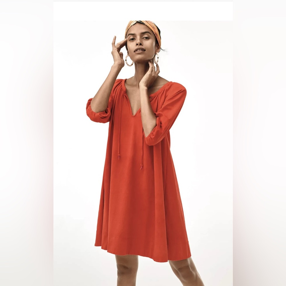 Anthropologie Anais Dress Sz Medium 3/4 Sleeve Tie Neck Tunic Cotton Boho Orange